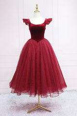 Burgundy Velvet Tulle Tea Length Prom Dresses, Cute A-Line Party Dresses