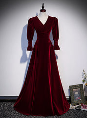 Burgundy Velvet V-neck Long Sleeve Button Prom Dresses