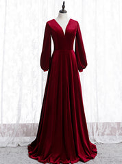 Burgundy Velvet V-neck Long Sleeve Long Prom Dress