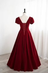 Burgundy Velvet Velvet Long Prom Dresses, Cute Short Sleeve Party Dresses