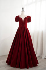 Burgundy Velvet Velvet Long Prom Dresses, Cute Short Sleeve Party Dresses