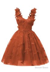 Burnt Orange 3D Butterfly Lace Applique Tulle Homecoming Dress for Teens Sweetheart Mini Short Prom Dresses