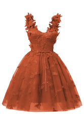 Burnt Orange 3D Butterfly en dentelle Applique Robe de retour en tulle pour adolescents Mini-cœur Mini-courbes robes de bal