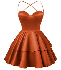 Vestido de bienvenida de satén de color naranja quemado con cuello de novios vestidos de graduación cortos