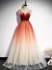 Burugndy Tulle Velvet Spaghetti Straps Prom Dress