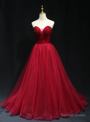 Burundy Tulle Strapless Beading Prom Dress