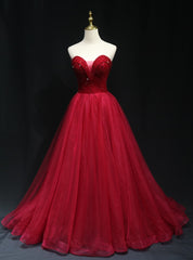 Burundy Tulle Strapless Beading Prom Dress