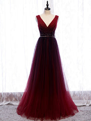 Buy Cheap Pleats Beading Burgundy V Neck Long A Line Tulle Prom Dresses Under 120