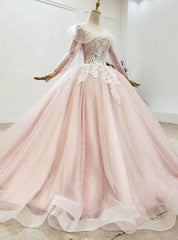 Buy From Pink Ball Gown Tulle Long Sleeve Appliques Princess Prom Dresses