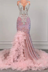 Pink Halter Mermaid Prom Dress with Sequins Beadings and Tulle Ruffle