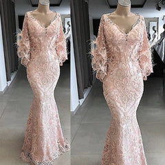 feather evening Dresses long pink lace applique v neck modest elegant mermaid luxury evening gown