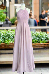 Candy Pink A-Line Halter Sleeveless Pleated Floor-Length Chiffon Bridesmaid Dresses