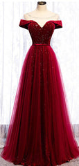 Cap Sleeve Red Sparkly Tulle Long Evening Prom Dresses
