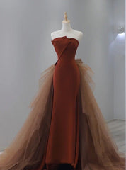 Caramel Color Tulle Strapless Prom Dresses