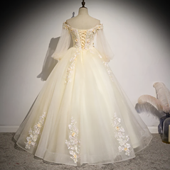 Beautiful Ivory Tulle Long Sleeves Floral Sweet 16 Gown Party Gowns Prom Dresses