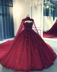 Tulle Ball Gown Wedding Dresses, With Cape Prom Dresses, Evening Dresses