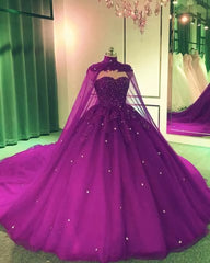 Tulle Ball Gown Wedding Dresses, With Cape Prom Dresses, Evening Dresses