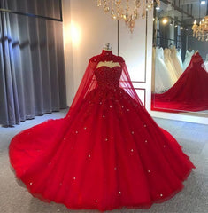 Tulle Ball Gown Wedding Dresses, With Cape Prom Dresses, Evening Dresses