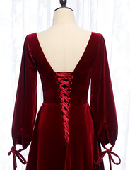 Charming Dark Red Velvet Long Sleeves A Line Party Dresses, Party Prom Dresses