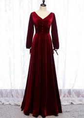 Charming Dark Red Velvet Long Sleeves A Line Party Dresses, Party Prom Dresses