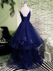 Charming Spaghetti Strps Navy Blue Prom Dresses 2025 Tulle Layers Long Evening Gown