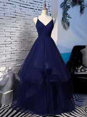 Charming Spaghetti Strps Navy Blue Prom Dresses 2025 Tulle Layers Long Evening Gown