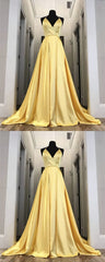 Long Yellow Prom Dresses, Leg Split Evening Gowns