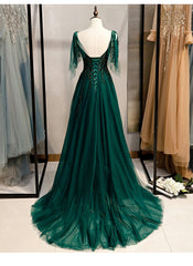 Elegant V Neckline Straps Tulle Long Junior Prom Dresses, Green Prom Dresses 2025