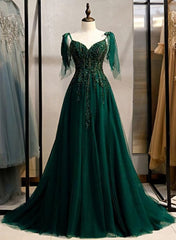 Elegant V Neckline Straps Tulle Long Junior Prom Dresses, Green Prom Dresses 2025