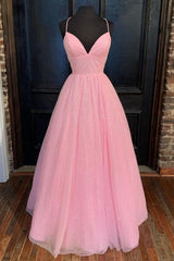 Empire Pink Shiny Tulle Long Prom Dresses 2025