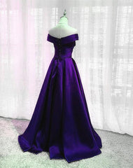 Simple Off Shoulder Satin Long Prom Dresses, Dark Purple Party Dresses Evening Gown