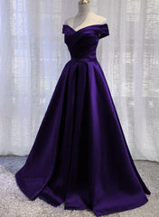 Simple Off Shoulder Satin Long Prom Dresses, Dark Purple Party Dresses Evening Gown