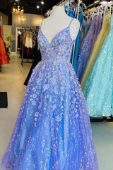 A Line Blue Lace Appliqued Long Formal Dresses, Prom Dresses