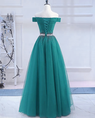 Pretty Hunter Green Off Shoulder Beaded Prom Dresses, Long Evening Dresses, Party Dresses