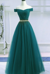 Pretty Hunter Green Off Shoulder Beaded Prom Dresses, Long Evening Dresses, Party Dresses