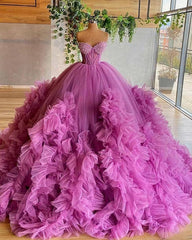 Sweetheart Purple Beading Bodice Tulle Ruffle Pleated Ball Gown Evening Dresses, Prom Gown