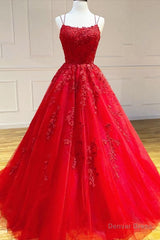 2025 A Line Red Lace Long Prom Gown Ball Gown Sweet 16 Dress