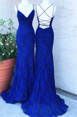 Elegant Mermaid Royal Blue Lace Long Prom Dresses, With Lace Up Back 2025 Long Prom Dresses