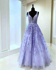 Gorgeous V Neck Embroidery Lavender Long Prom Dresses