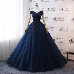 Prom Dresses, Navy Blue Wedding Dresses, Floral Lace Ball Gown Off Shoulder Evening Dresses