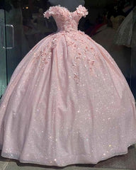 Pink Glitter Sweetheart Prom Dresses, Ball Gown