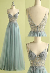 Vintage Prom Dresses, V Neck Slit Tulle Dresses