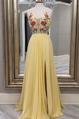 A Line Yellow Floral Embroidery Long Prom Dresses, With Side Slit