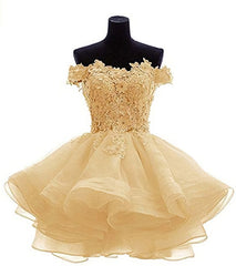 Elegant Yellow Appliques Tulle Dresses, Ruffles Off Shoulder Short Homecoming Dresses