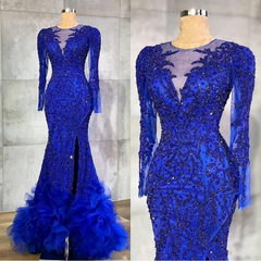 Long Prom Dresses, Luxury Royal Blue Evening Dresses, Beaded Crystals Sheer Neck Mermaid Arabic Aso Ebi Party Gowns