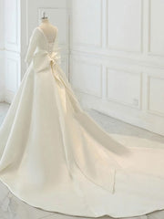 White Satin Backless 3/4 Sleeve Wedding Dresses, Party Prom Dresses