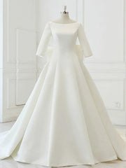 White Satin Backless 3/4 Sleeve Wedding Dresses, Party Prom Dresses