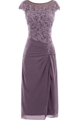 Knee Length Mauve Tight Chiffon Mother Of The Bride Prom Dresses, With Cap Sleeves