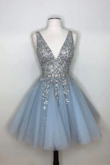 Blue V Neck Tulle Sequin Short Dresses, Blue Homecoming Dresses