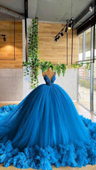 Elegant Blue Ball Gown Long Prom Dresses